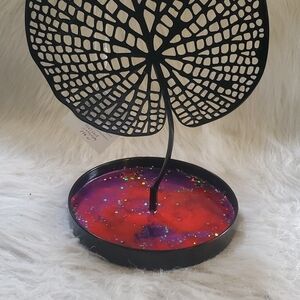 Black Metal Jewelry Display/ Earring Holder With Purple And Reddish Resin